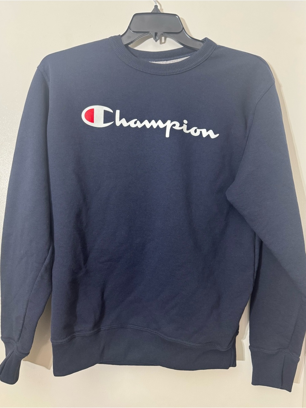 Champion Navy Crewneck Sweatshirt with White Script and Red Emblem